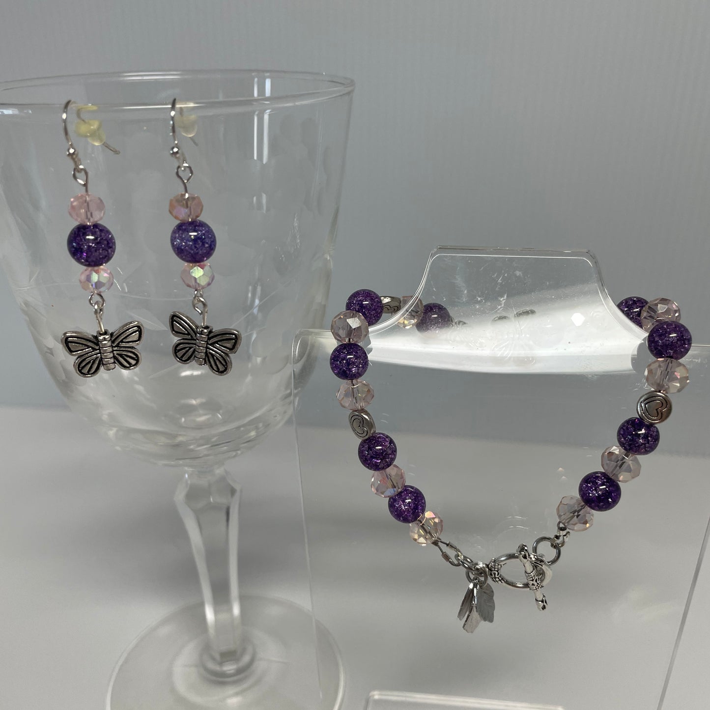 Jewelry, bracelet, earrings, set, purple, pink hearts, butterflies, leaf charm, dangle, drop gift