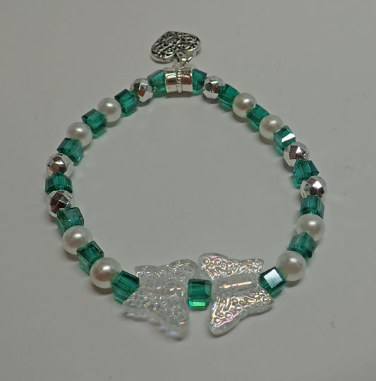 Jewelry, bracelet, green cubes, white pearls, holographic butterflies, heart charm,