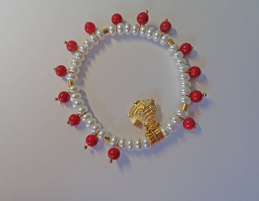 Jewelry, bracelet, stretch bracelet, white red beads, fish charm, gift