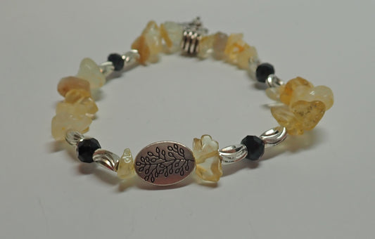 Jewelry, bracelet, yellow stone, dragon charm, leaf branch focal, beads, stretch, gift for her