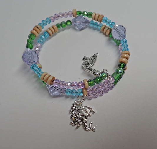 Jewelry, bracelet, double round, lavender, blue, green, wood tone, pelican charm, dragon charm