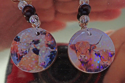 Jewelry, earrings, wood, resin, cows, vinyl, round, dangle, circle, drop, does, conversational piece