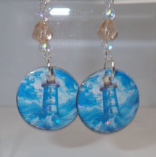 Jewelry, earrings, lighthouses, circle, round, dangle, drop, blue, wood, gift
