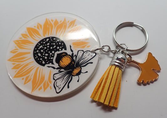 Keychain, bee kind, sunflower, double sided, acrylic, charm, tassel, gift