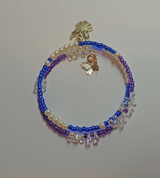 Jewelry, bracelet, memory wire, double loop, charms, blue, purple, white, beads, gift