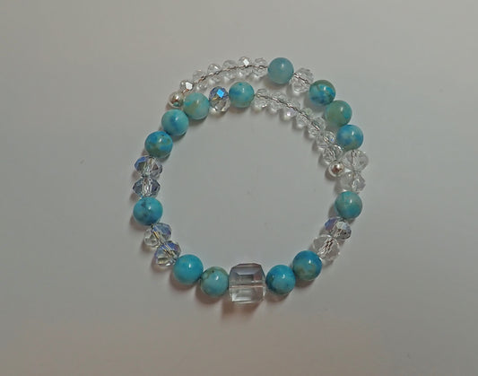Jewelry, bracelet, memory wire, cube focal, turquoise beads, faceted crystal beads, gift