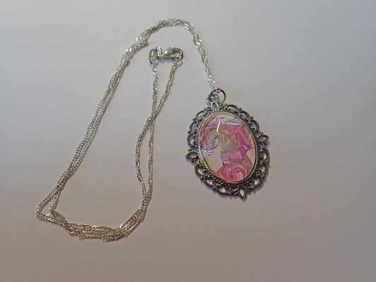 Jewelry, necklace, pendent, acrylic, cameo style, pink, multi-colored, neck chain, gift