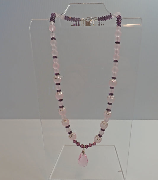 Jewelry, necklace, faceted beads, 19", purple, pink, pink faceted focal, gift