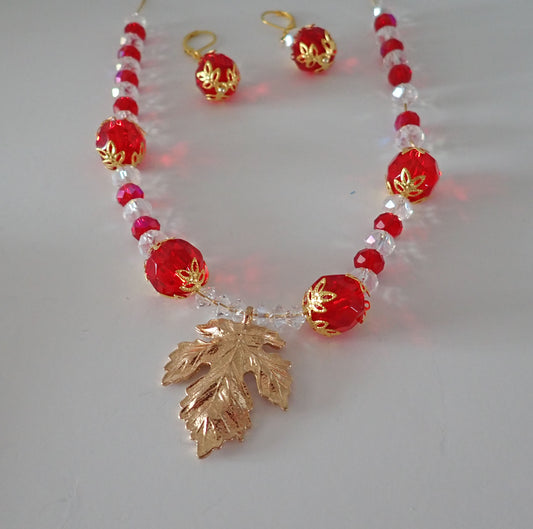 Jewelry, necklace, earrings, set, jewelry, red, gold, leaf, faceted beads, gift