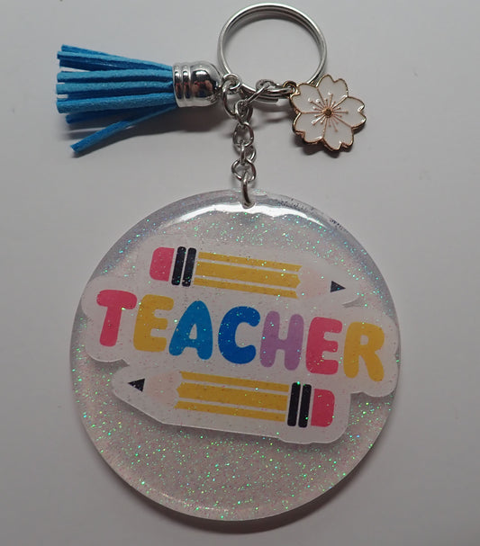 Keychain, "TEACHER", pencils, round, circle, glittered, attached charm, gift